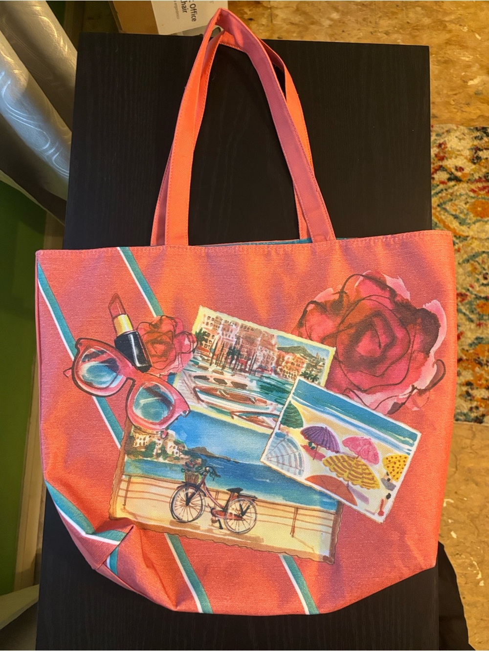 Pink Floral Beach Tote Bag with Graphic Prints